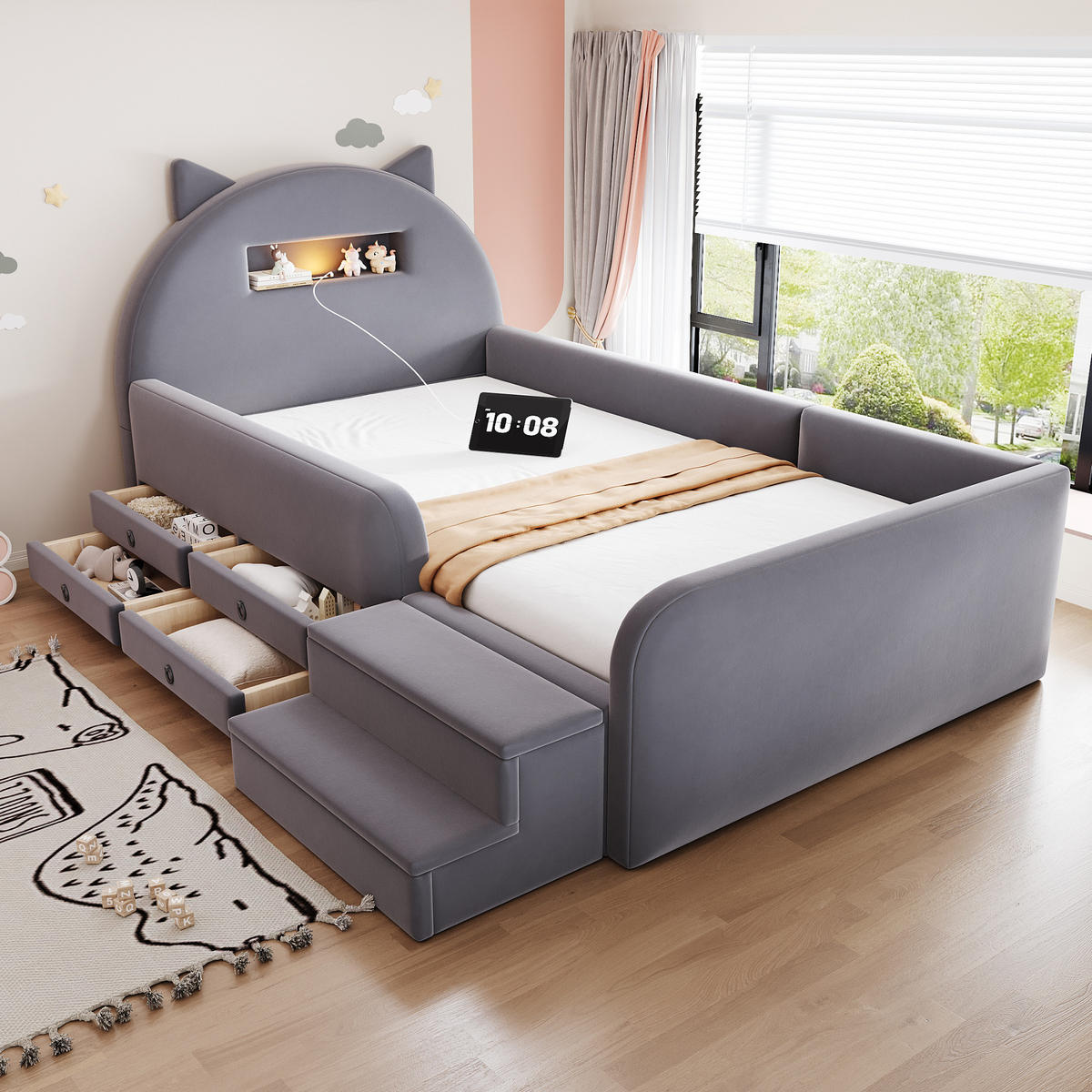 KINDERBETT 90/200 cm in Dunkelgrau mit 4 Schubladen, USB und Nachtlicht Samt - Dunkelgrau, Holzwerkstoff/Textil (90/200cm) - STILVORA