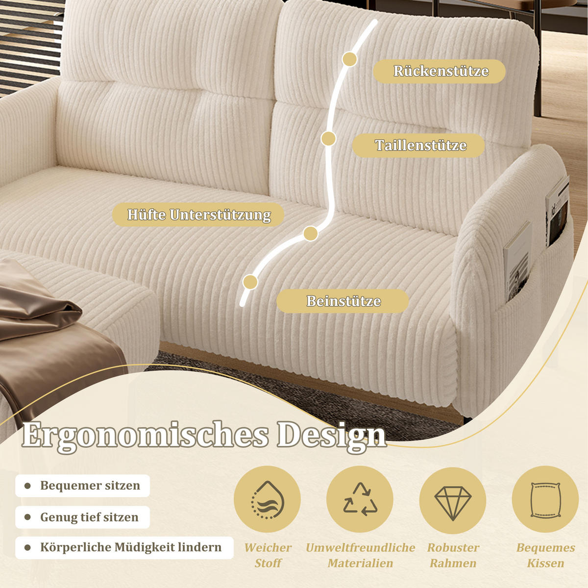 SITZGARNITUR 3-teiliges mit Hocker und Seitentasche - Beige, Textil (120/79/75cm) - Urban Meuble
