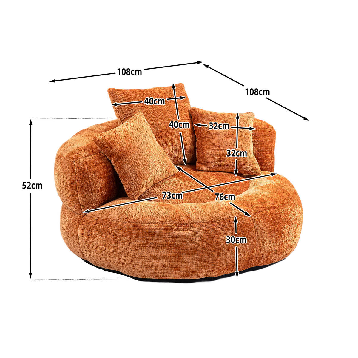 SITZSACK Chenille, Sofa mit 3 extra Kopfkissen,Chenille,Orange - Orange, Textil (108/52/108cm) - LVHOM
