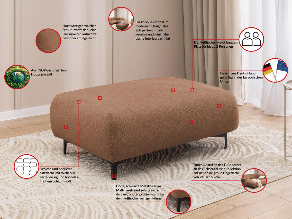 ECKSOFA inkl. Hocker Cardea mit Schlaffunktion in Bubble-Optik aus weichem Terrakotta Strukturstoff und hohem Sitzkomfort - Ottomane links - Terracotta/Schwarz, Holz/Textil (170/230cm) - S-Style Möbel