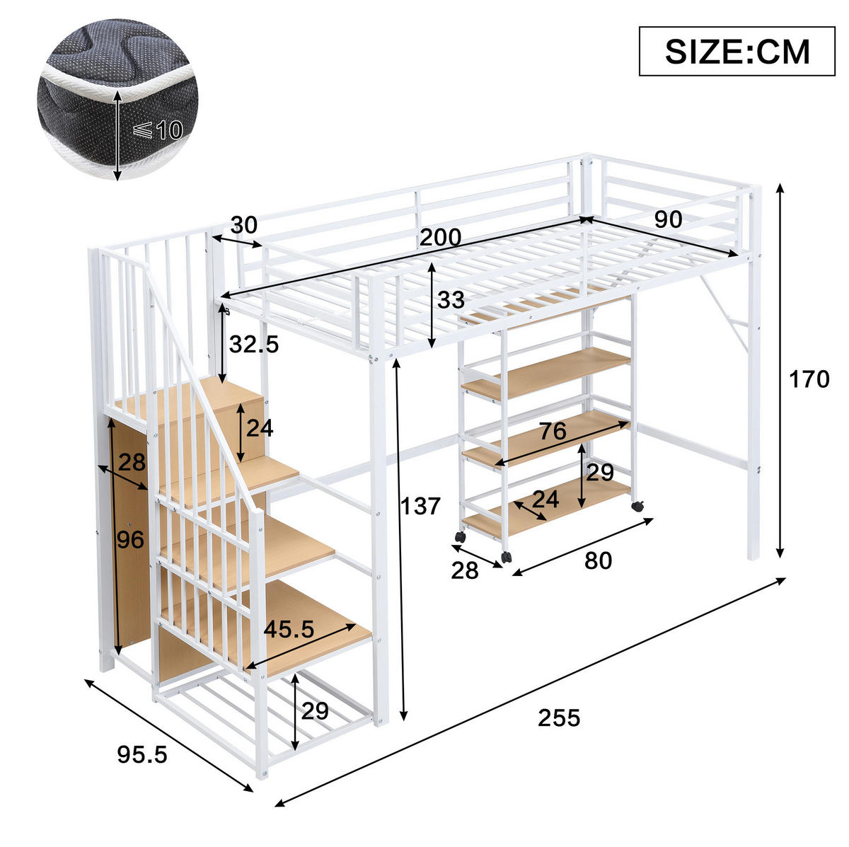 HOCHBETT 90/200 cm mit Eckleiterschrank, 4-stufigem Rollregal und Sicherheitsgeländer, Metall & Holz, Weiß/Natur - Weiß, Metall (90/200cm) - Redom