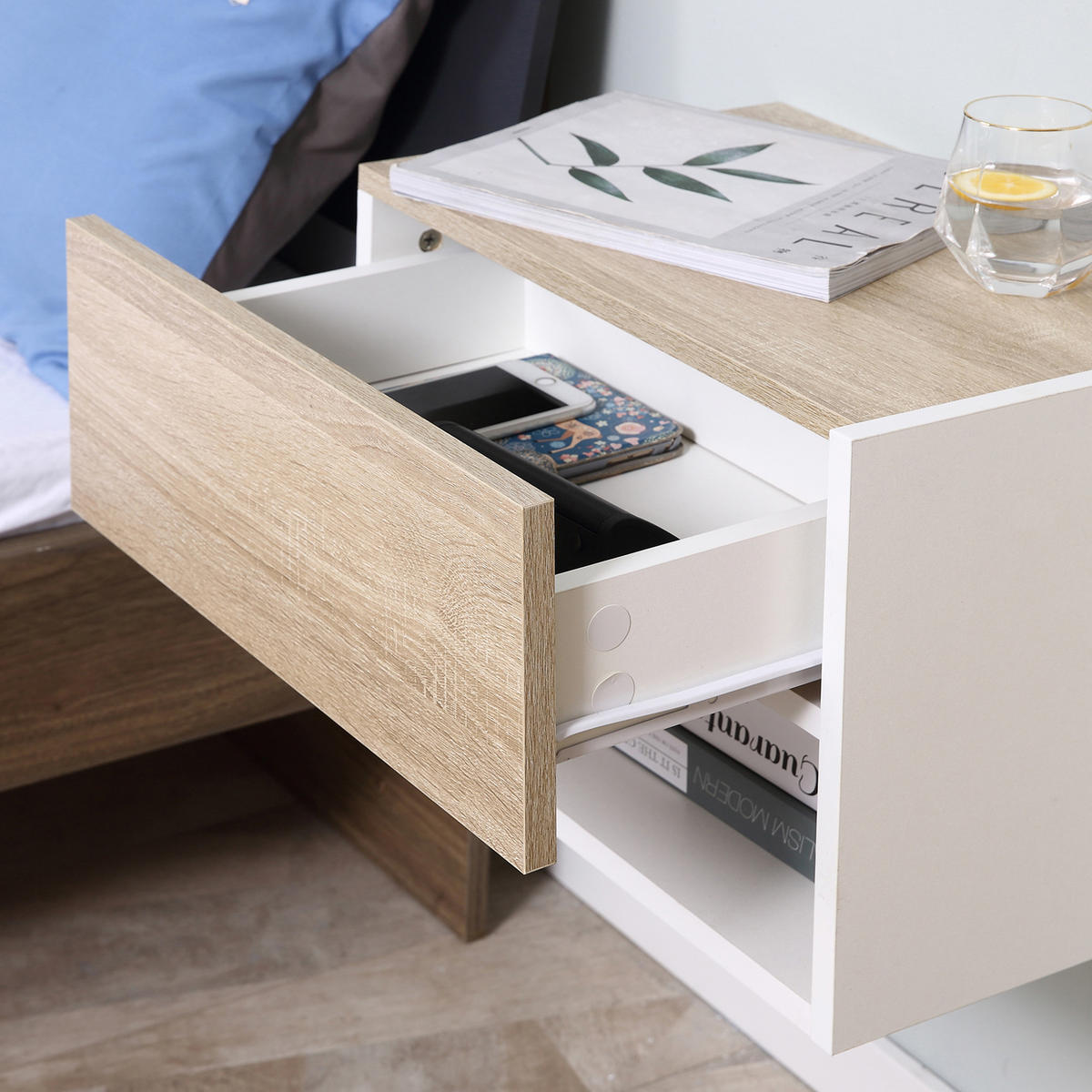 NACHTSCHRANK 2er-Set DE-12786 Schublade und offenes Fach Weiß/Eiche hell - Multicolor, Holzwerkstoff (30/30/46cm) - ComfortXL