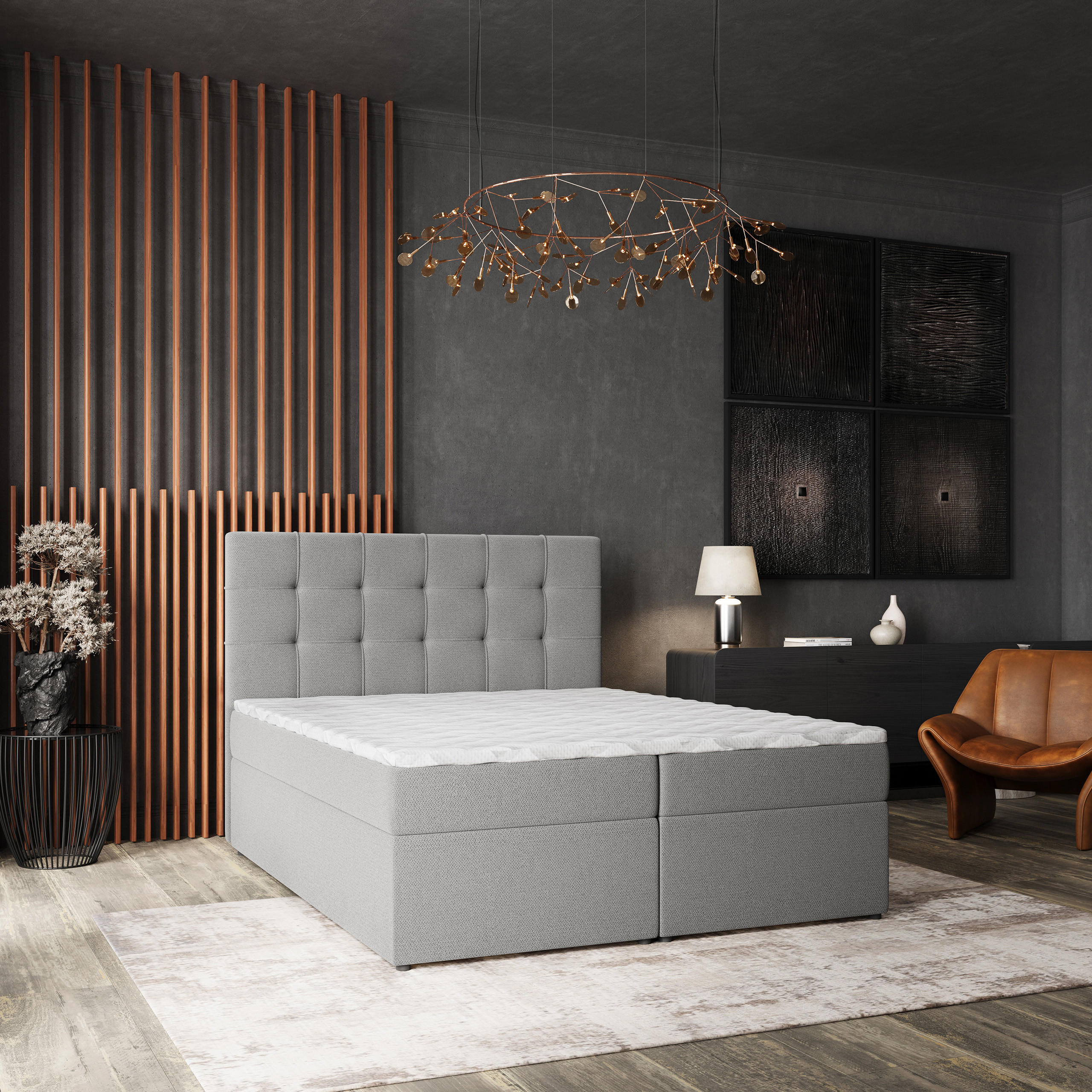 BOXBETT PALMA 160x200 cm mit Matratze und Topper, H2+H3 - Grau - Grau, Holz (160/200cm) - MASSENO