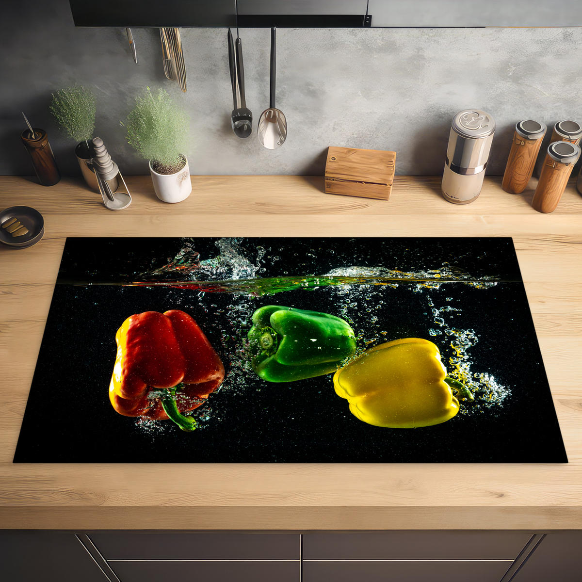 HERDABDECKPLATTE Paprika - Gemüse - Wasser - Schwarz - Rot - Grün - Gelb Ceranfeldabdeckung 90x52 cm - Multicolor, Kunststoff (90/52/0.2cm) - MuchoWow