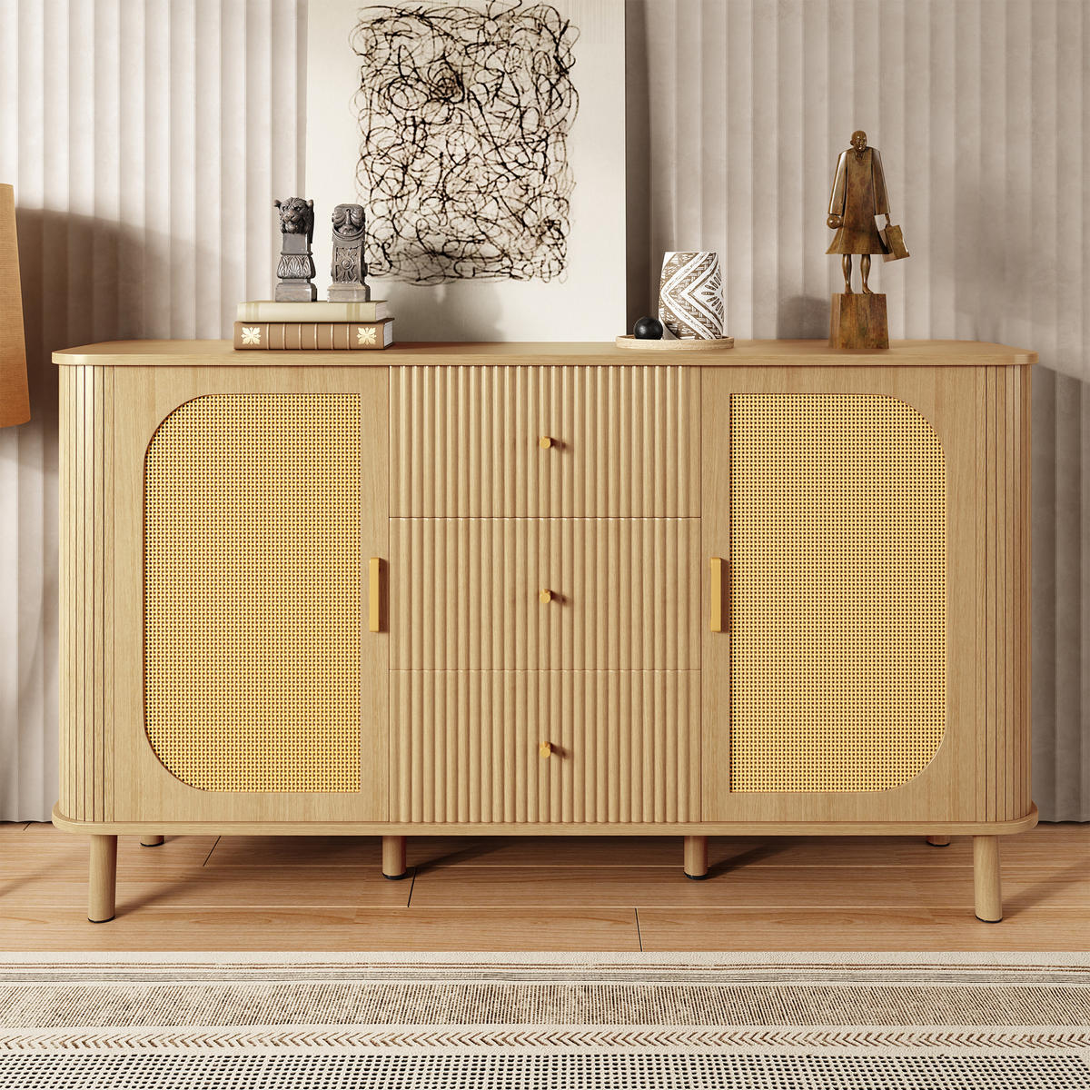 SIDEBOARD in Natur mit Rattan-Türen und gewellten Schubladen, MDF, Metallbeine mit Holzmaserung, 140/40/80 cm,Naturfarben - Naturfarben, Holzwerkstoff (140/80/40cm) - Redom