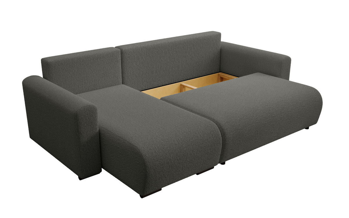 ECKSOFA DORA L, Eckcouch in L-Form mit Schlaffunktion und Bettkasten, Farbe: Dunkelgrau, Bouclé-Stoff, Ottomane Links - Dunkelgrau, Textil (240/143cm) - Storez24