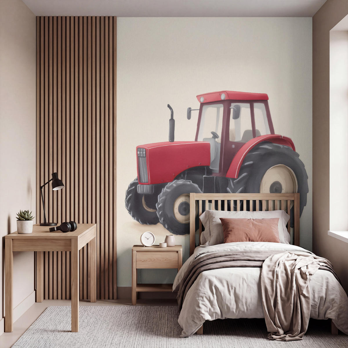 KINDERTAPETE - Traktor - Minimalistisch - Illustration - Rot - 200x280 cm - Rot, Papier (200/280cm) - OnlyWow