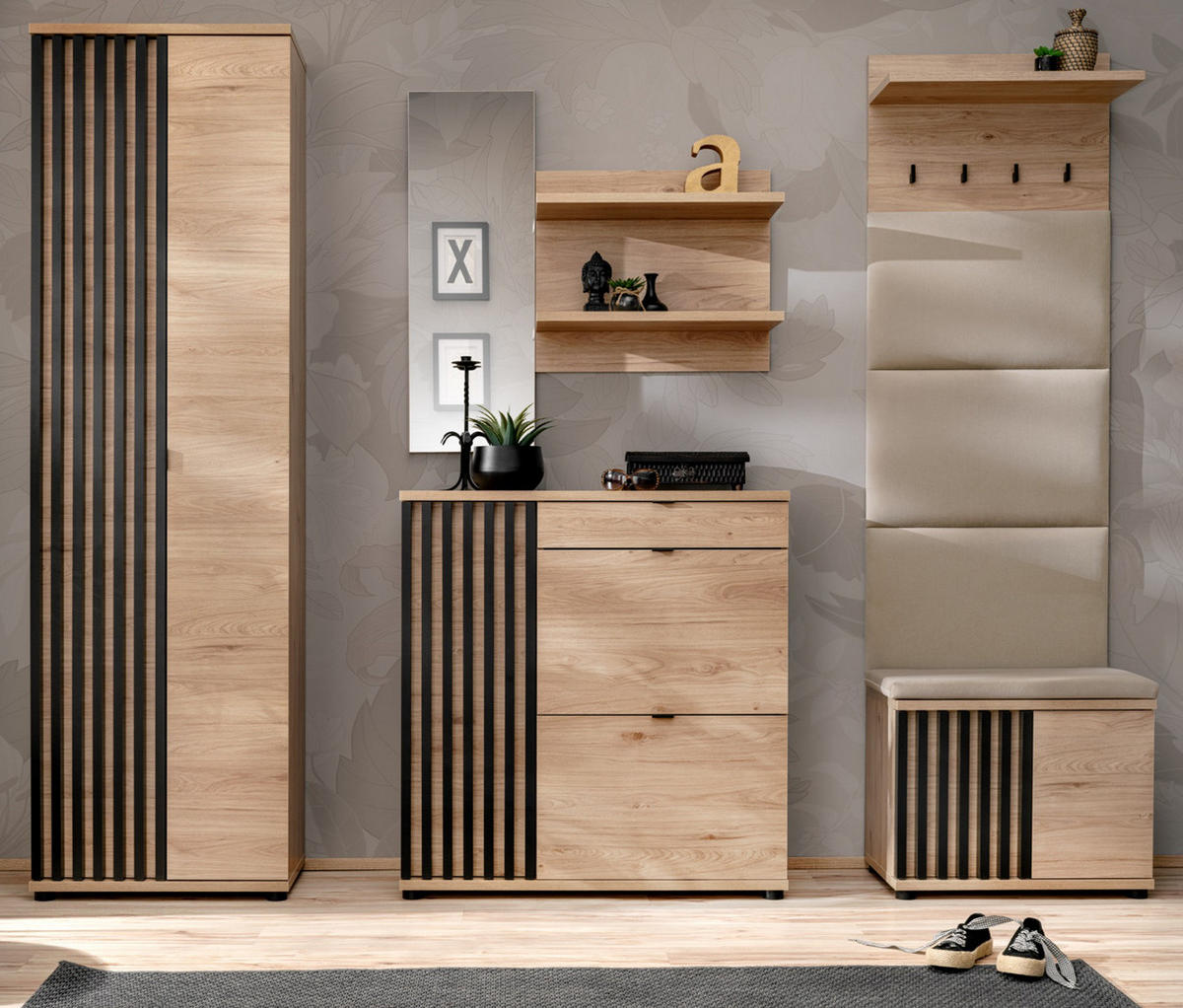 GARDEROBE Set 5-teilig Eiche Jackson, schwarz 250 cm, Garderobenkombination mit 3D-Lamellen - Eichefarben/Schwarz, Holzwerkstoff/Kunststoff (230/202/35cm) - Furn.Design