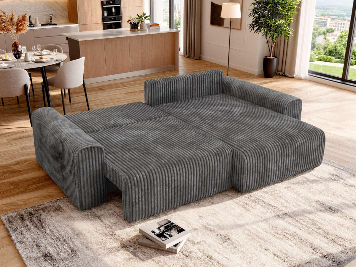 ECKSOFA ELARA L Grau Cord - Schwarz/Grau, Kunststoff/Textil (278/192cm) - MKS