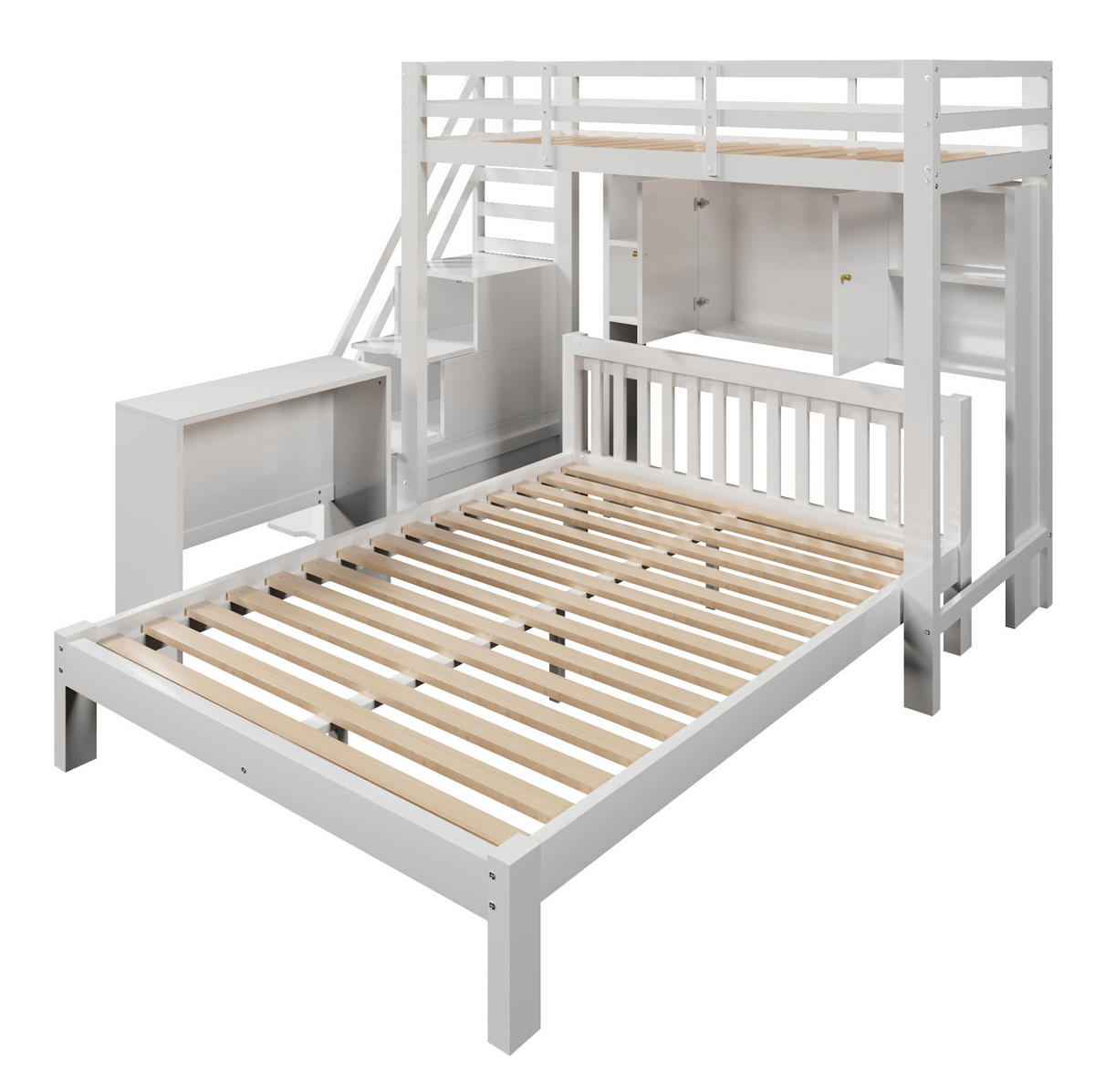 KINDERBETT aus Massivholz & MDF 90x200/140x200 cm in Weiß mit Stauraumtreppe - Weiß, Holzwerkstoff (90/200cm) - Modfu