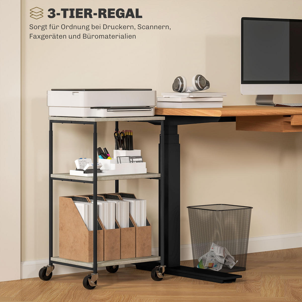 DRUCKERTISCH mit Rolle, Stahl, 39 x 34,5 x 81,5 cm - Grau, Metall (34.5/39/81.5cm) - HOMCOM