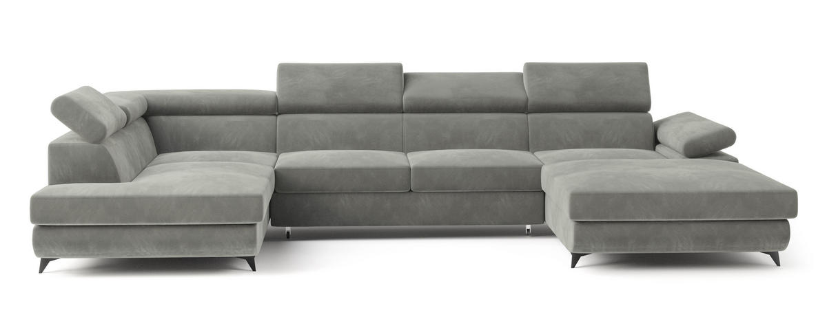 WOHNLANDSCHAFT RUBANO L-S Hellgrau Velours-Stoff mit Schlaffunktion - Hellgrau, Holz (339/89/190cm) - MASSENO