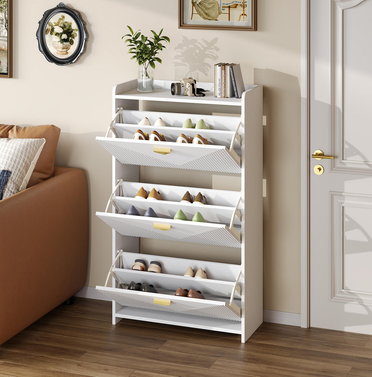 SCHUHSCHRANK aus MDF 70x30x120cm in Weiß mit 3 Klapptüren - Weiß, Holzwerkstoff (70/120/30cm) - Modfu