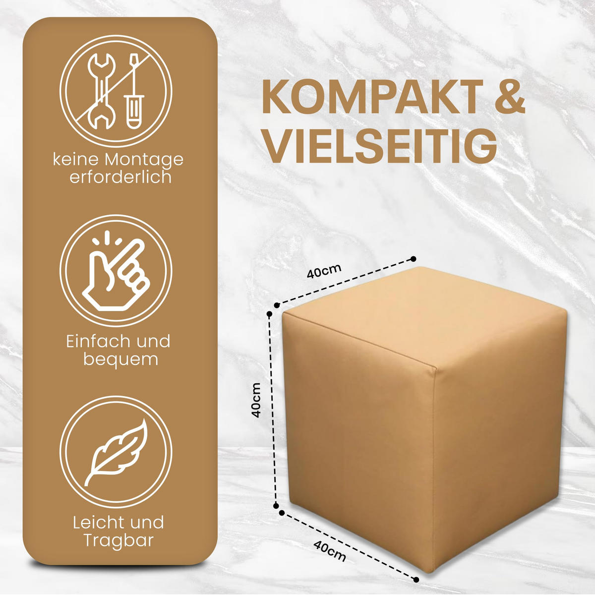SITZWÜRFEL 40 x 40 x 40 cm Beige aus Kunstleder mit Holzwerkstoffrahmen - Beige, Leder (40/40/40cm) - Best For Home