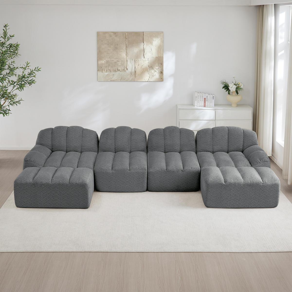 WOHNLANDSCHAFT Granulierter Fleece Grau mit 2 Ottomanen - Grau, Textil (366/79/165cm) - WISHDOR