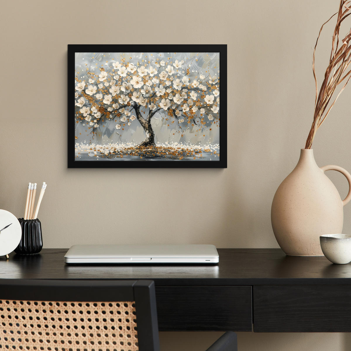 POSTER MIT RAHMEN Baum - Blumen - Weiß - Natur - Kunst 40x30 cm - Weiß, Papier (40/30cm) - MuchoWow