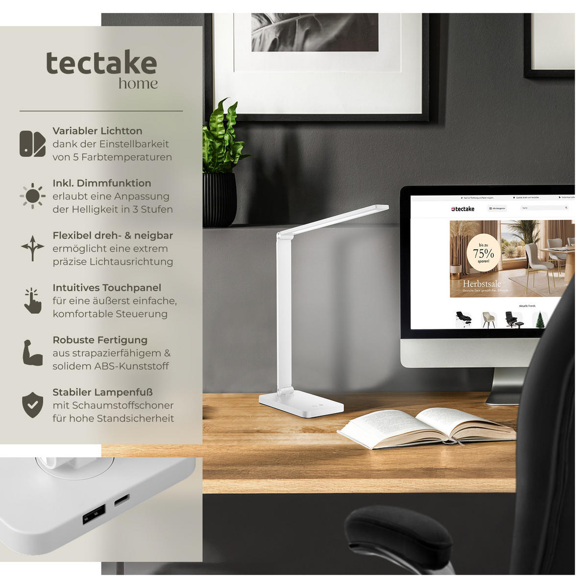 SCHREIBTISCHLAMPE Novaly,inklusive USB-Anschluss,weiß - Weiß, Kunststoff (33.5/11/37.5cm) - tectake