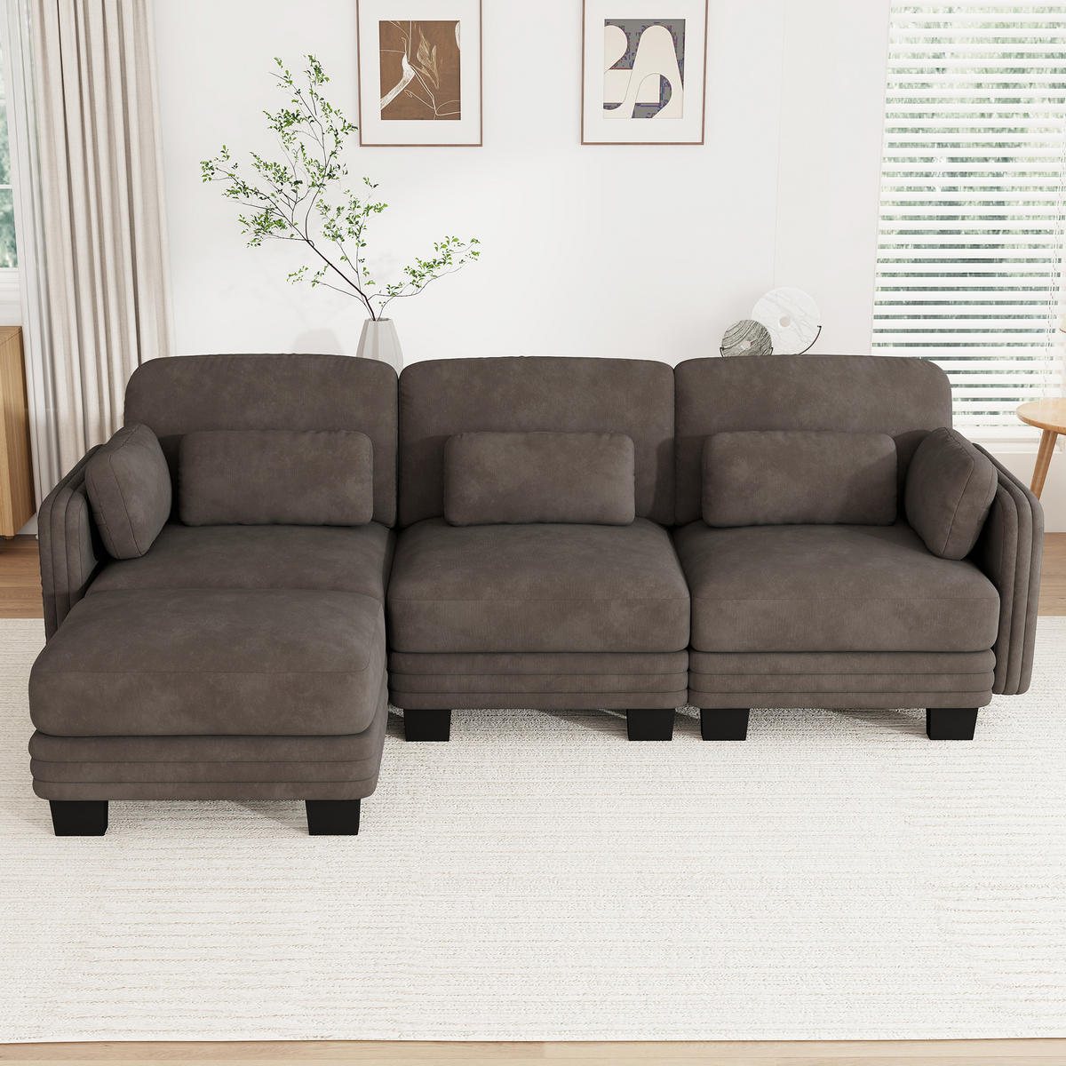 ECKSOFA L-Form 3-Sitzer modular mit Ottomane, DE-42686, Braun - Braun, Holz (253/143cm) - ComfortXL