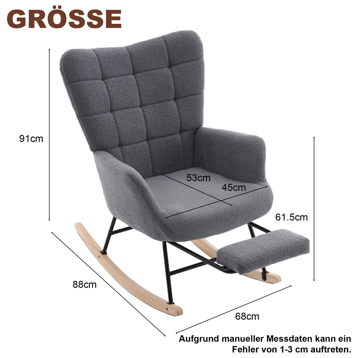 SCHAUKELSTUHL wohnzimmer mit Fußstütze und verdicktem Sitzkissen ,Bodenschutzleiste, grau - Grau, Holzwerkstoff/Textil (68/91/88cm) - STILVORA