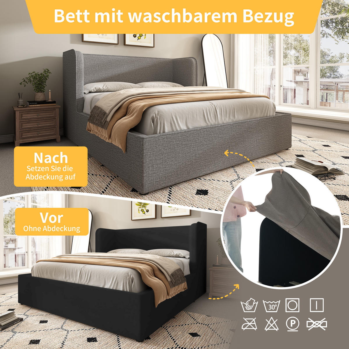 POLSTERBETT 160x200cm Doppelbett Hydraulik-Stauraum Leinen Bezug Grau - Grau, Holz - FLIEKS