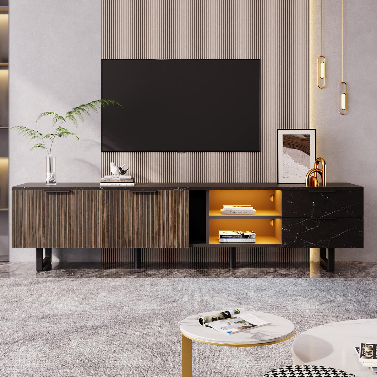 TV Lowboard LED 200x38x50 cm, 2 Türen, 2 Schubladen - Schwarz, Holz (200/50/38cm)