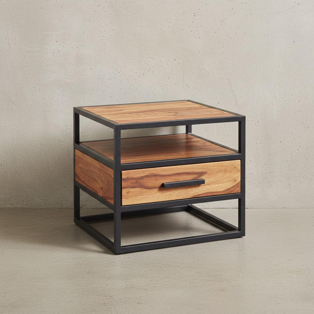 NACHTTISCH – Massivholz/Stahl, mit Stauraum, Industrial-Stil - Schwarz/Braun, Holz/Metall (50/45/45cm) - KADIMA DESIGN