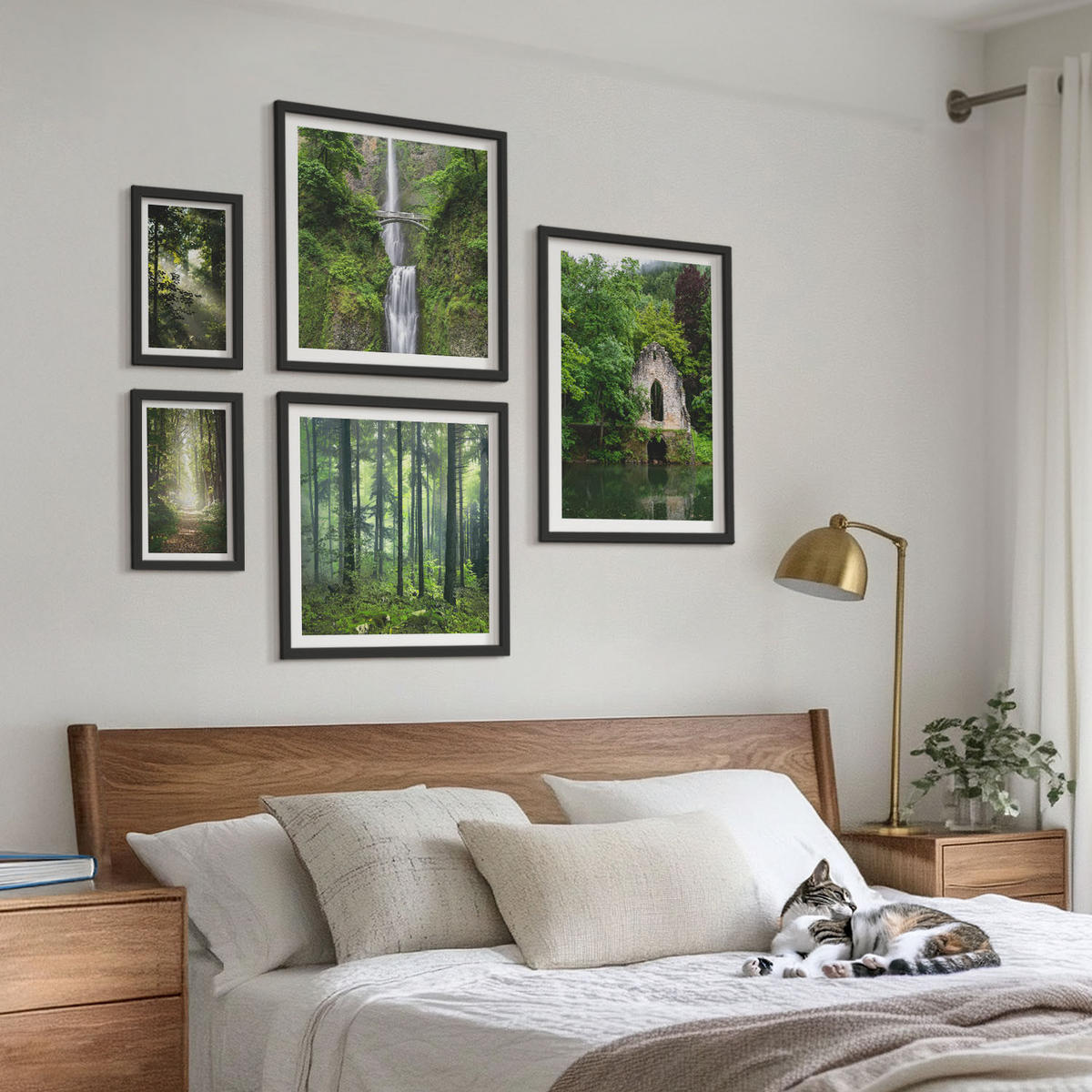 BILDER SET 5er Set - 50x50 cm & 20x30 cm & 40x60 cm Schwarzer Rahmen - Grüne Wälder, Lichtstrahlen - Schwarz, Kunststoff (40/60cm) - TULUP