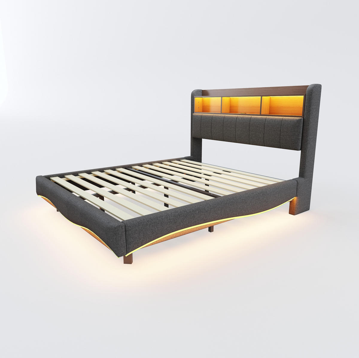 POLSTERBETT 160x200 cm Grau mit LED-Beleuchtung, USB- und Typ-C-Anschlüssen sowie Stauraum - Grau, Textil (160/200cm) - IVMEU