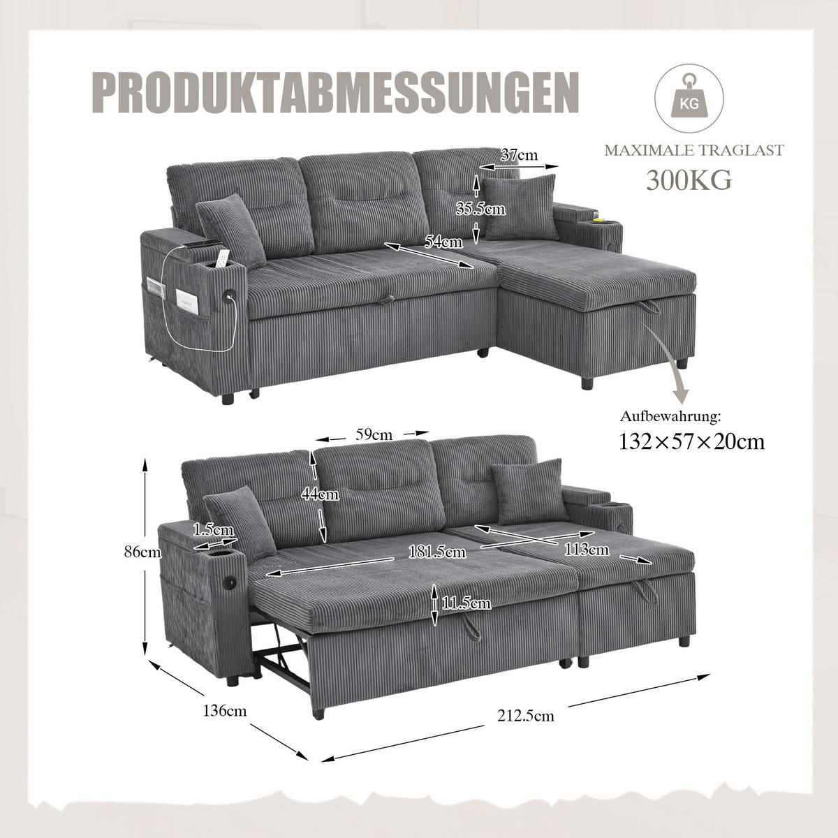 ECKSCHLAFSOFA 3-Sitzer Cord mit Stauraum Schubladenbett und USB-Anschluss Kohlegrau 212,5/136/86 cm - Grau, Textil (136/212.5cm) - Redom