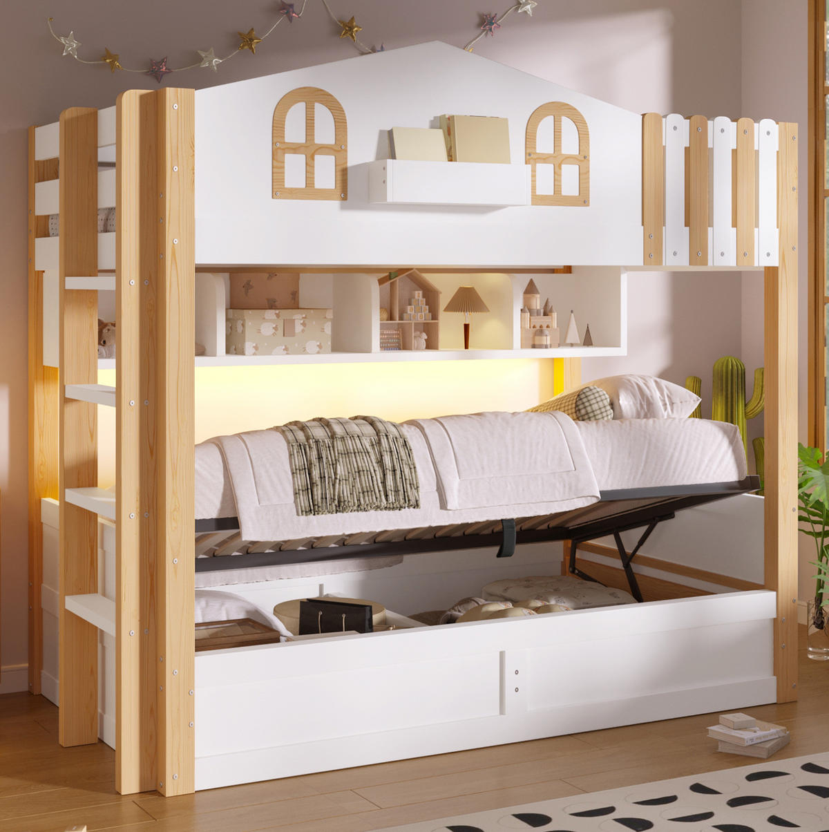 ETAGENBETT 90x200 cm im Hausdesign in Weiß/Natur mit LED-Beleuchtung und Stauraum - Weiß, Holzwerkstoff (90/200cm) - IVMEU