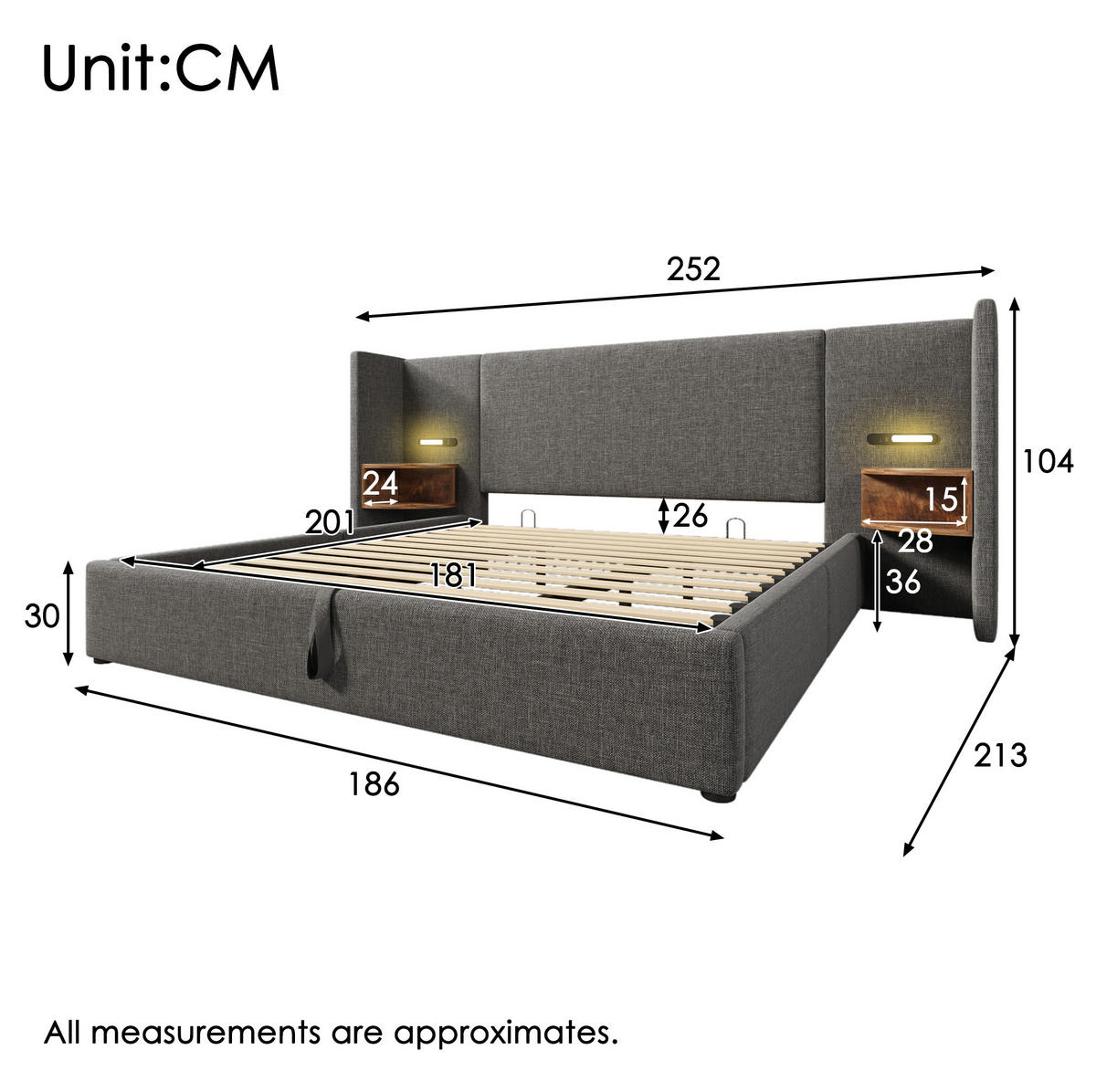 POLSTERBETT 180/200 cm Grau aus Leinen mit Stauraum - Grau, Textil (180/200cm) - OKMYHOME