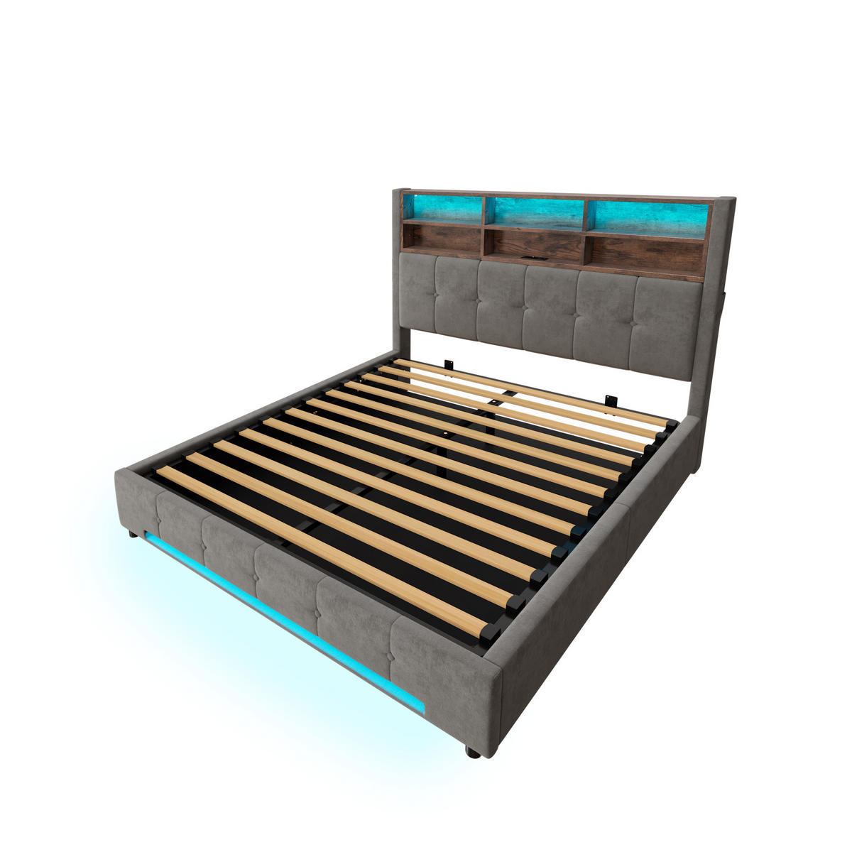 POLSTERBETT 160/200 cm Dunkelgrau mit 6 Fächer, Seitentaschen, USB-C und LED - Dunkelgrau, Textil (160/200cm) - Oxeza