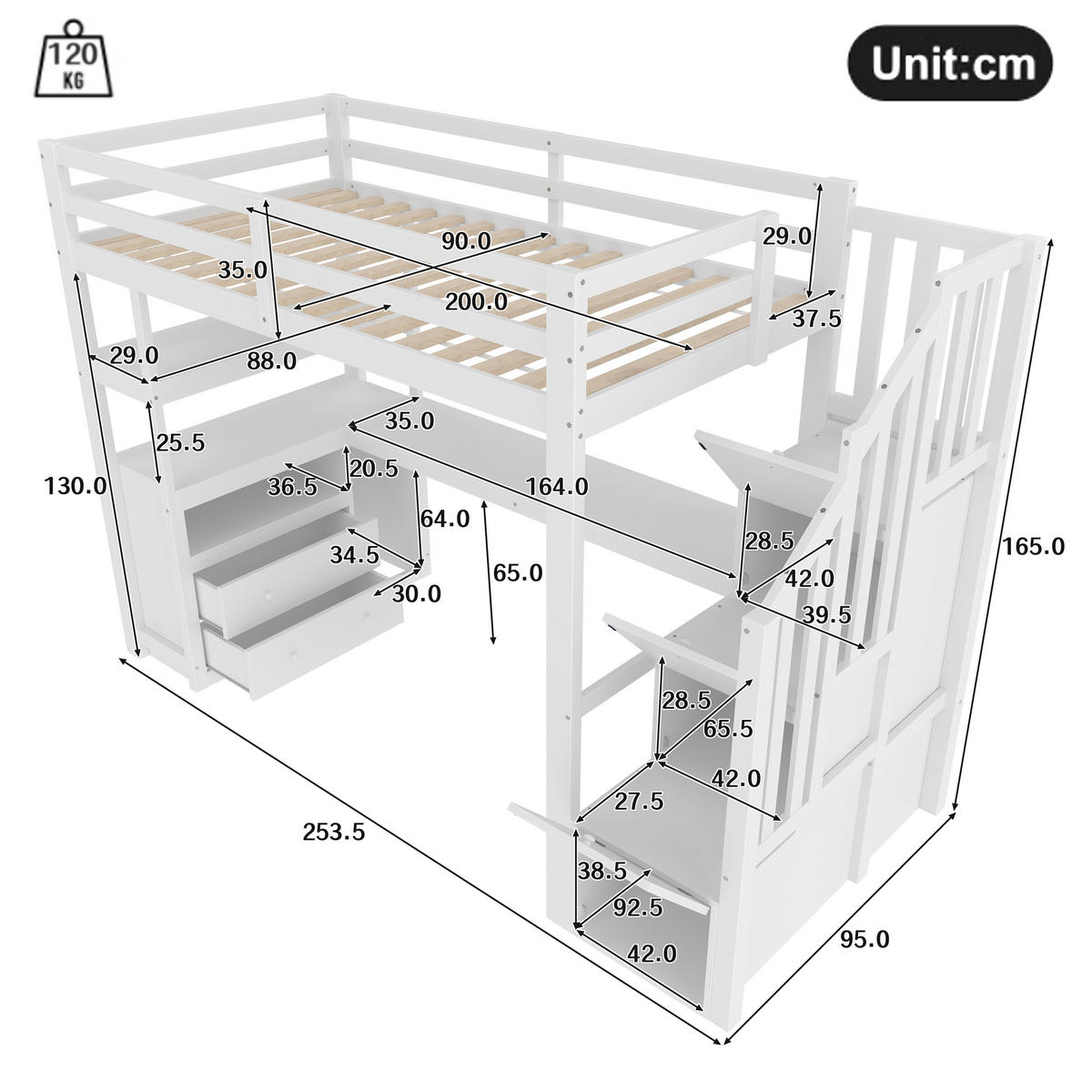HOCHBETT 90x200cm Weiß Stauraumleiter 2 Schubladen - Weiß, Holz (90/200cm) - FLIEKS