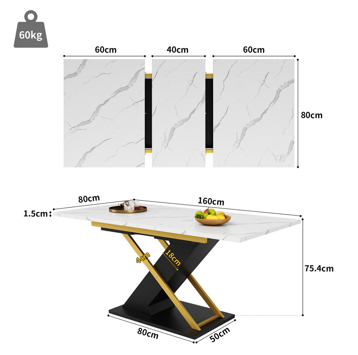 AUSZIEHBARER Esstisch MDF mit Marmormuster & Metallgestell, 120-160/80/75,4 cm, Schwarz - Schwarz, Holzwerkstoff (160/80/75.4cm) - Redom