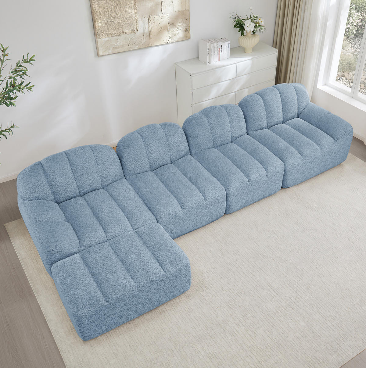 SOFA modular 4-Sitzer mit Ottoman aus granuliertem Fleece Blau - Blau, Kunststoff (165/366cm) - Meubliv