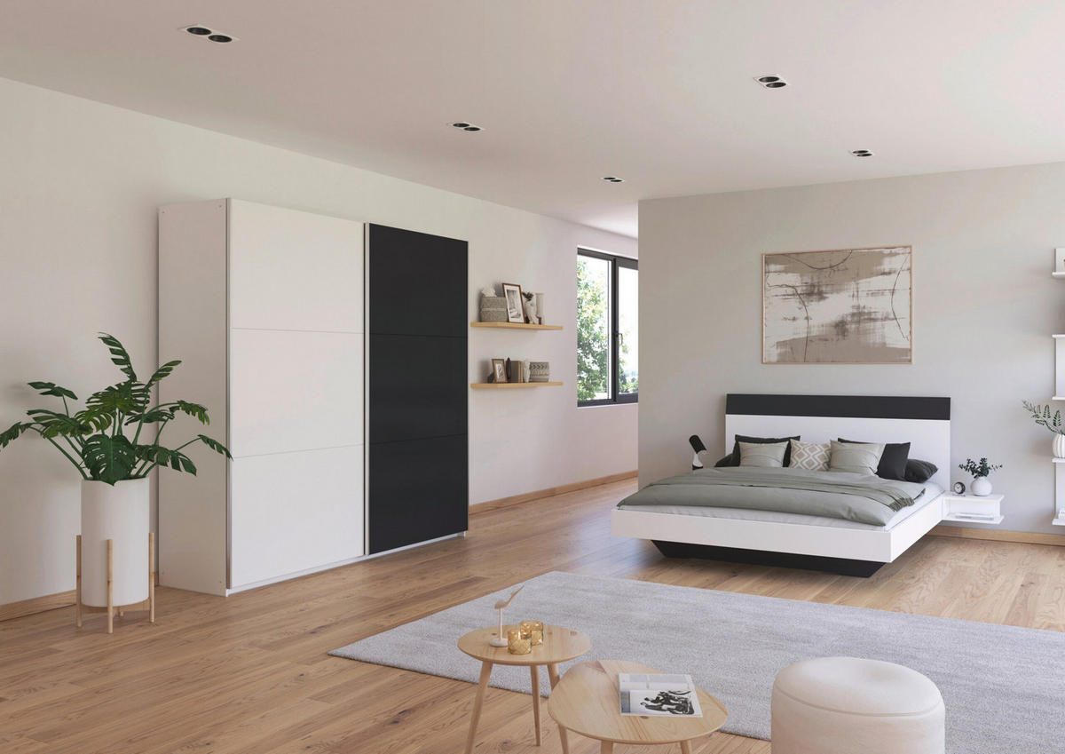 SCHLAFZIMMER Monza in Weiß und Grau Metallic mit Bettanlage 160x200cm, 2 Nachttischen und Schwebetürenkleiderschrank 4türig ohne Spiegel - Weiß, Holzwerkstoff (80/200/120cm)