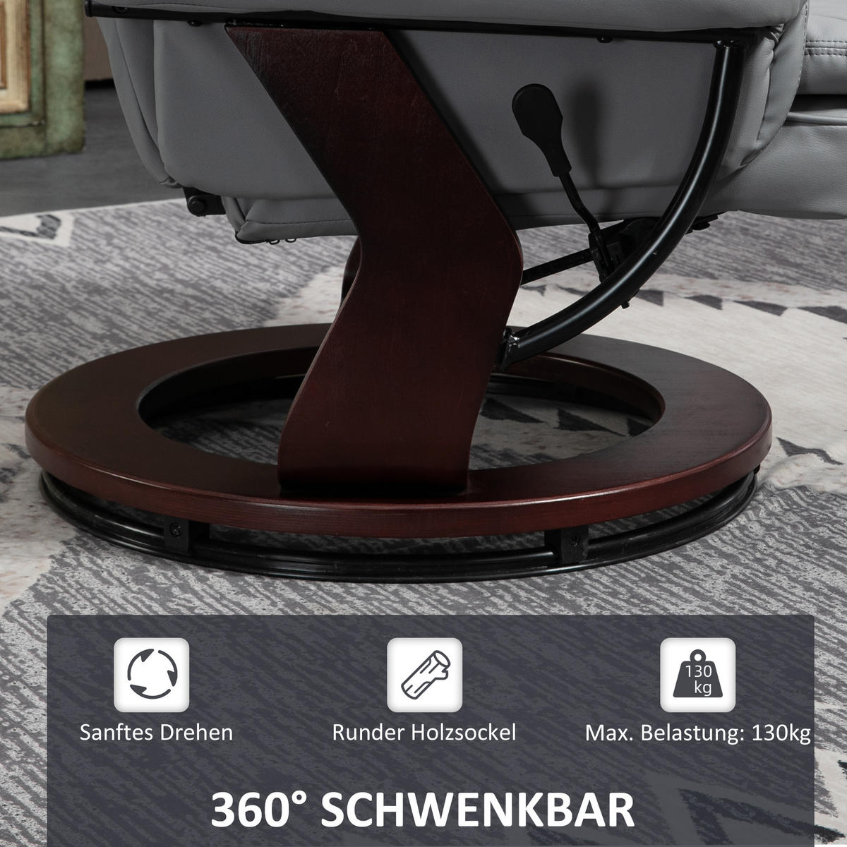 RELAXSESSEL mit Hocker 360°Drehbarer Fernsehsessel mit Liegefunktion Kunstleder - Braun/Grau, Leder/Holz (82/106/85cm) - HOMCOM