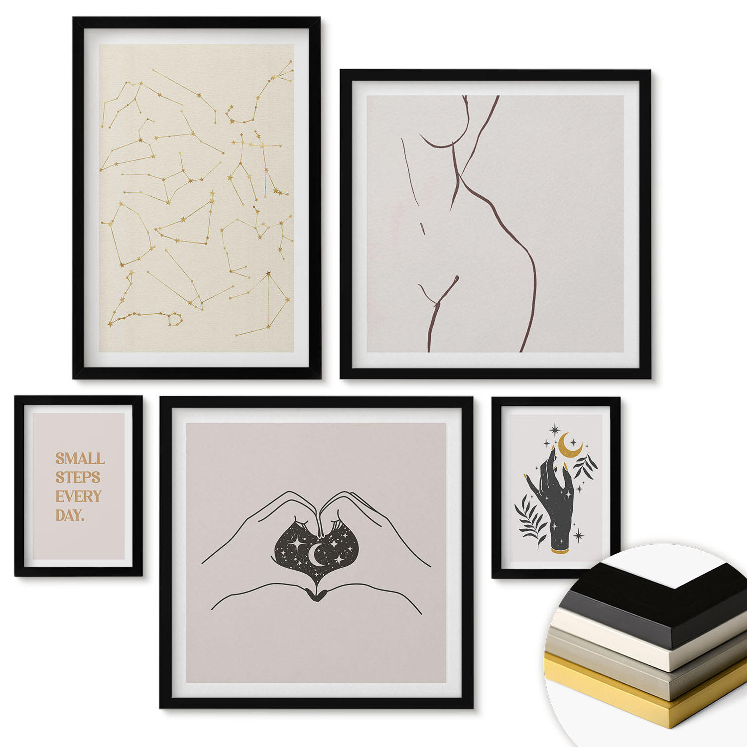 WANDBILDER 5er-Set - 50x50 cm & 20x30 cm & 40x60 cm Schwarzer Rahmen - Minimalistische Boho-Illustrationen - Schwarz, Kunststoff (40/60cm) - ArtPrintCave