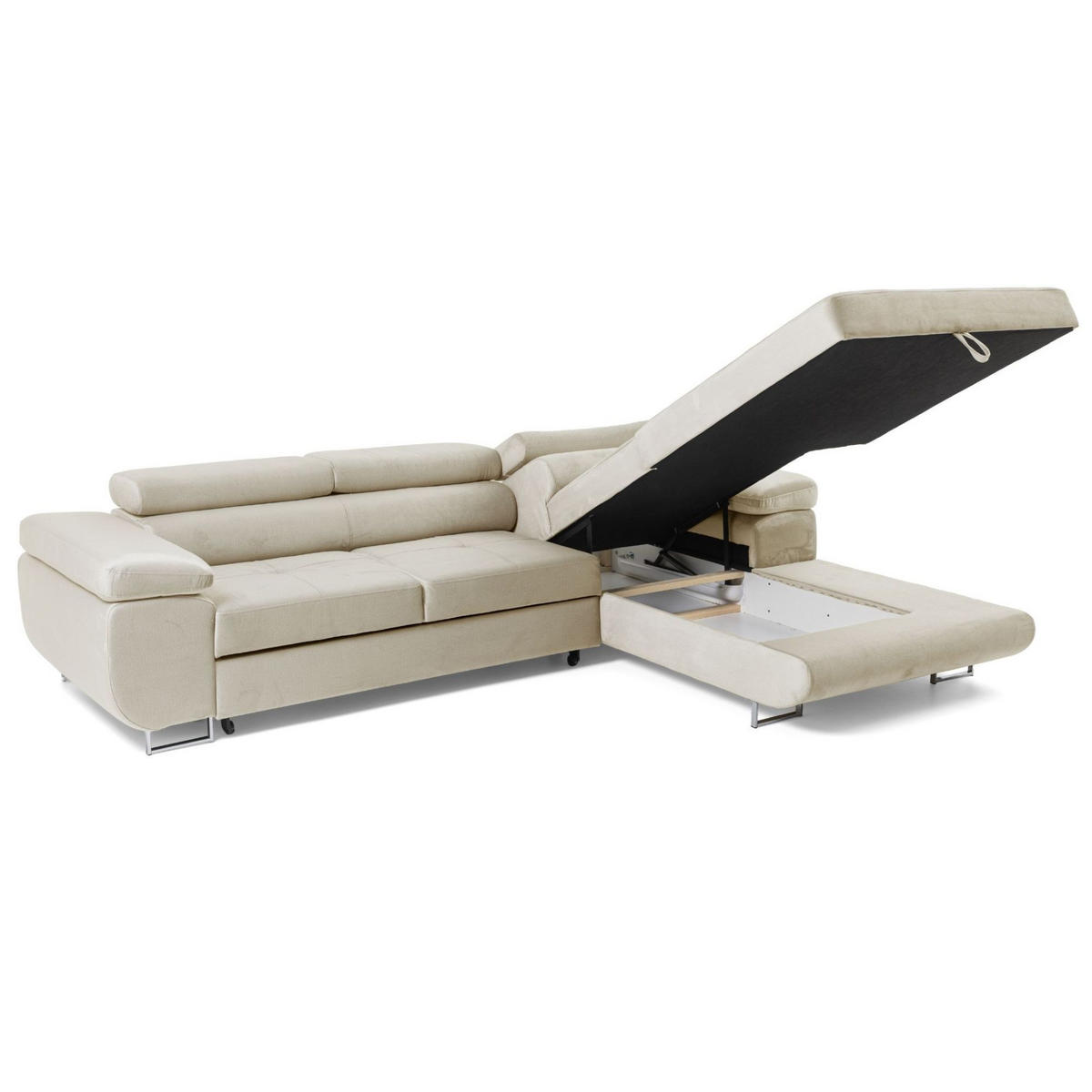 ECKSOFA ALONZO L Rechts mit Schlaffunktion 125x195 Velours Beige - Beige/Silberfarben, Holz/Textil (203/275cm) - Muffo