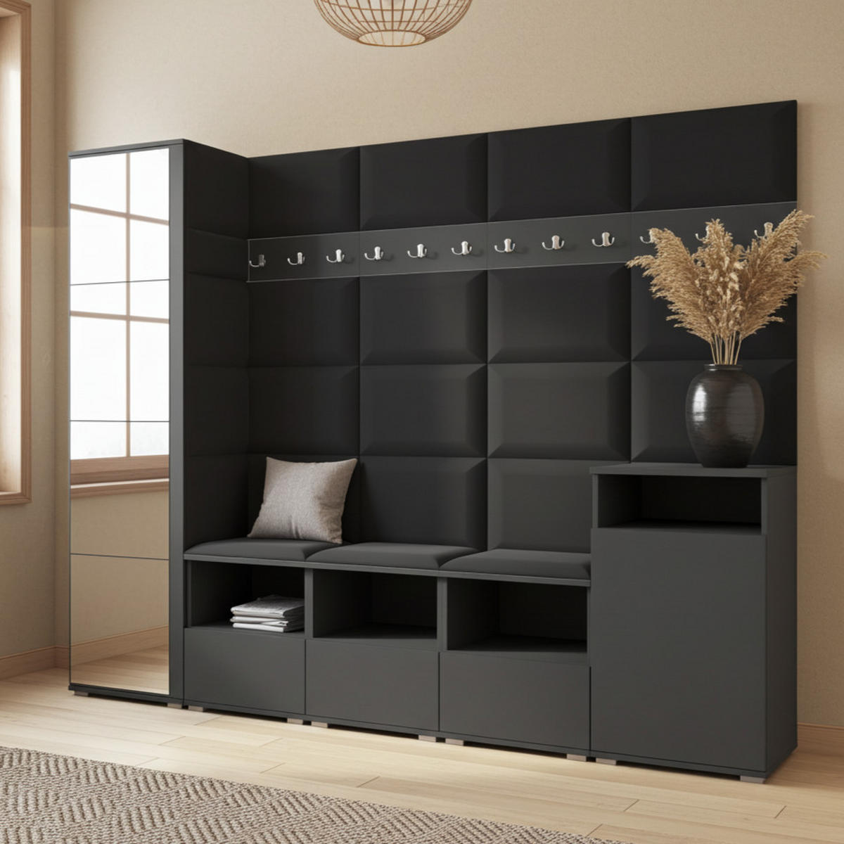 GARDEROBE NELA XI 250 cm (Modulare Flurmöbel Graphit mit Spiegel & Sitzpolster Schwarz 16 Großes Set) - Silberfarben/Schwarz, Holz/Holzwerkstoff (250/187/40cm) - Ravio