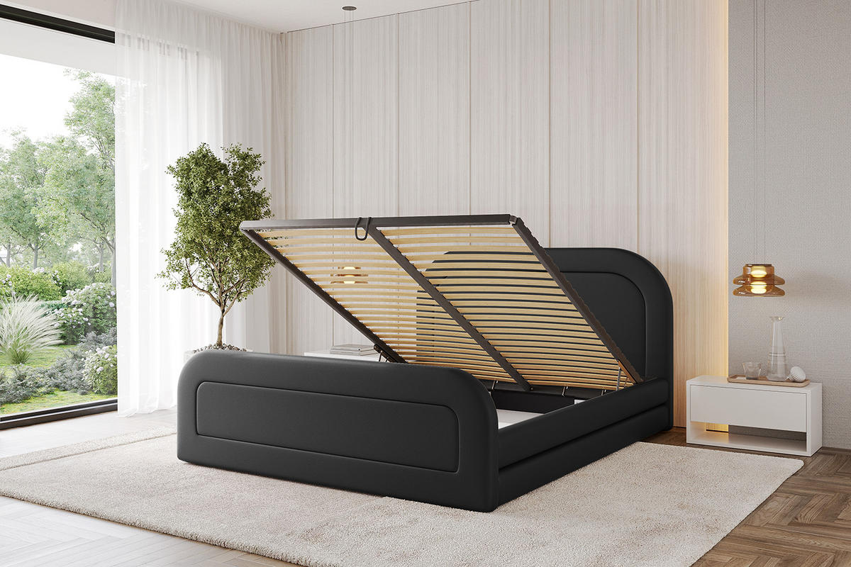 POLSTERBETT mit Bettkasten, Fußteil und Lattenrost, Boxbett mit Matratze H3/H4 - LERIS-Z 200x200 Schwarz Kunstleder - Schwarz Hochglanz, Holzwerkstoff/Textil (200/200cm) - ALTDECOR