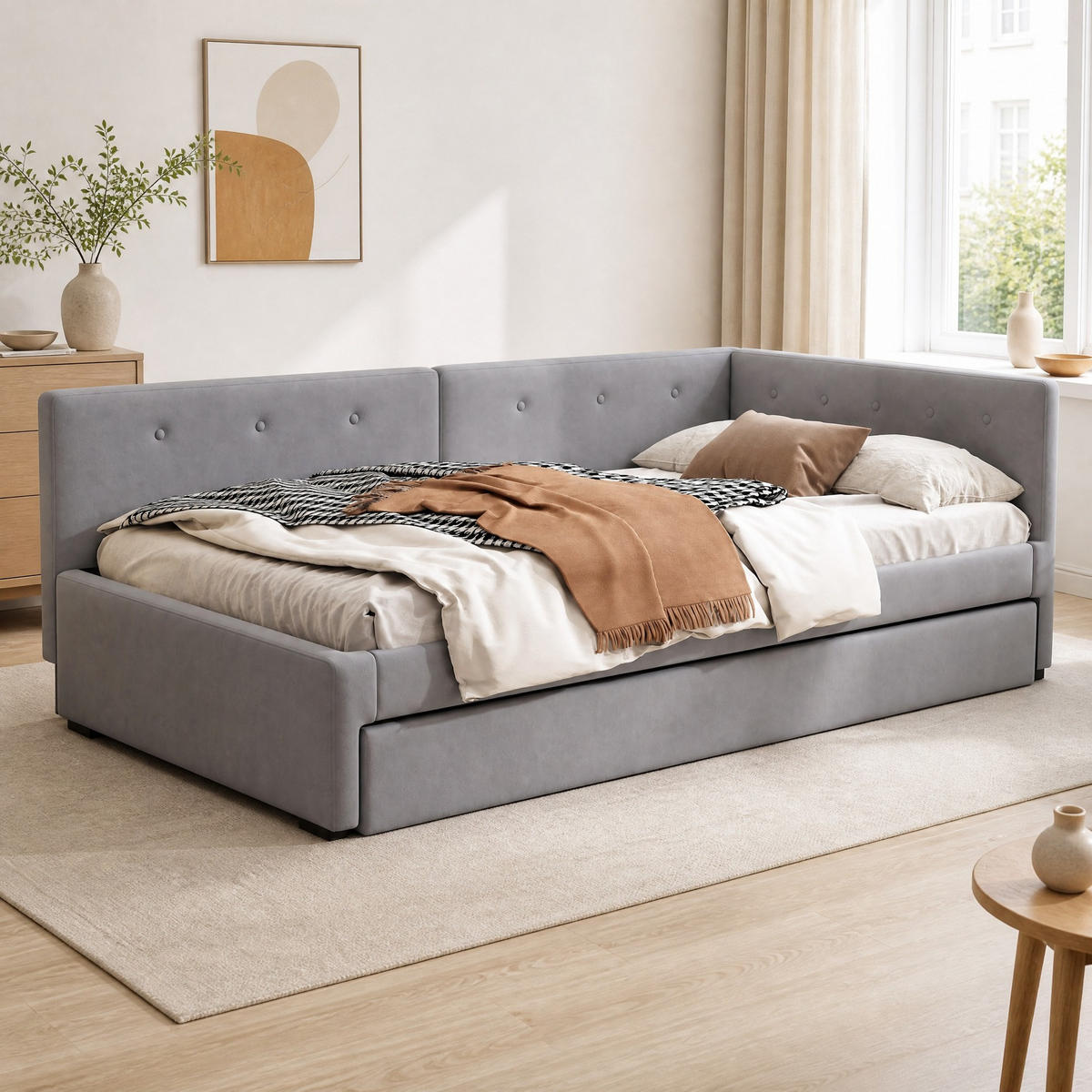 POLSTERBETT 90/200 mit Rollbett, Samt und MDF in Grau - Grau, Holzwerkstoff/Textil (90/200cm) - EVRYAE