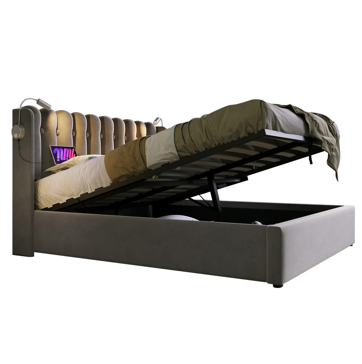 POLSTERBETT 140/200 cm grau mit Leselampe und Ladefunktion Ohne Matratze - Grau, Textil (140/200cm) - OKWISH