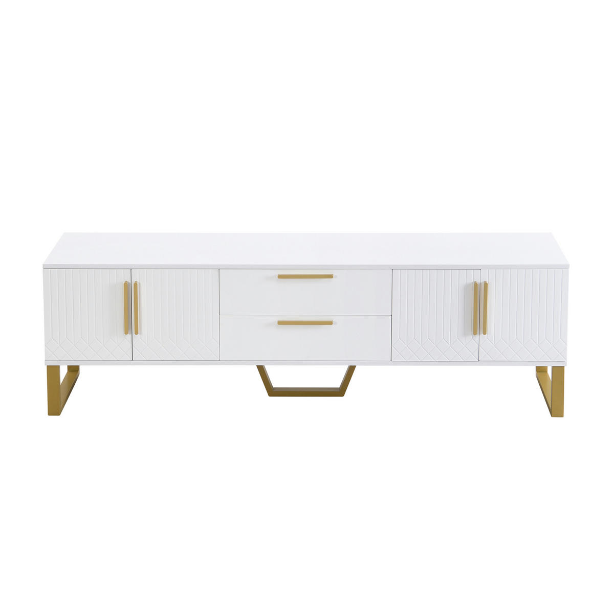 TV-SCHRANK aus MDF 170x40x53,5 cm Weiß/Gold mit 4 Türen, 2 Mittelschubladen und Kabeldurchführung in Hochglanz - Weiß, Holzwerkstoff (170/53.5/40cm) - Modfu