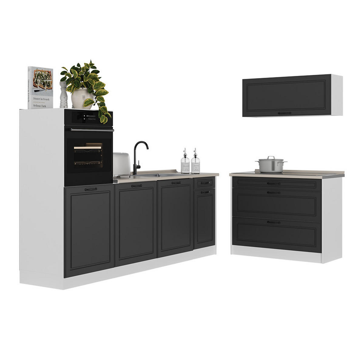 KÜCHENZEILE R-Line, Anthrazit Landhaus/Weiß, 220 cm Arbeitsplatte Anthrazit - Anthrazit/Weiß, Holzwerkstoff (220/143/60cm) - Vicco