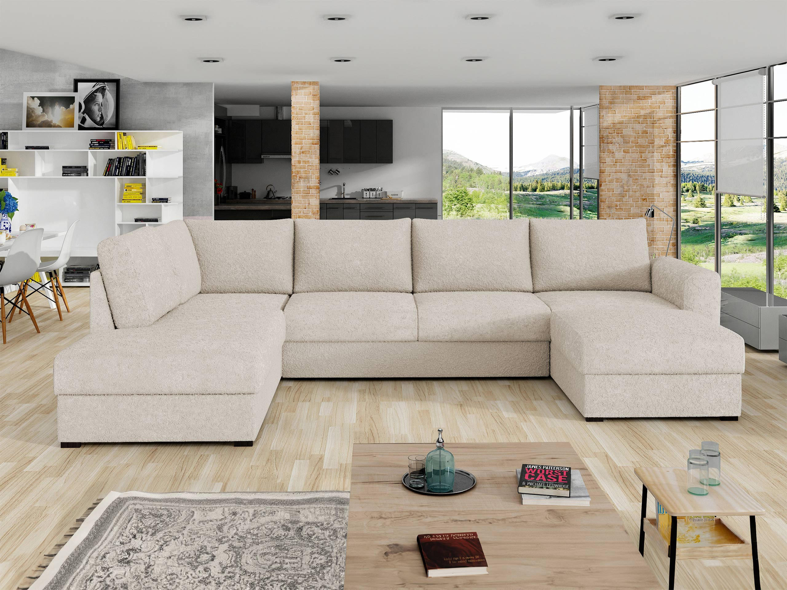 WOHNLANDSCHAFT Wilma Premium, Seite: Links - Schwarz/Naturfarben, Holz/Textil (305/85/188cm) - MIRJAN24