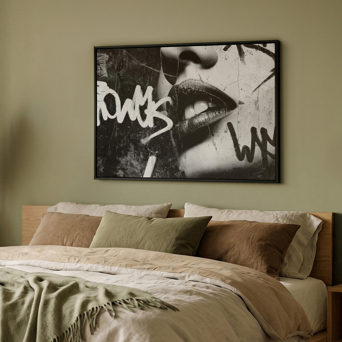 LEINWAND Bilder mit Rahmen - Gesicht - Mund - Graffiti - Schwarz - 100x70 - Schwarz, Textil (100/70cm) - MuchoWow