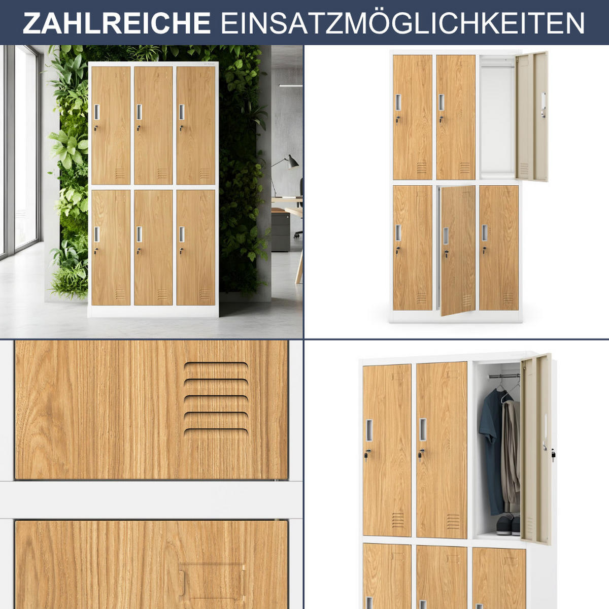 UMKLEIDESCHRANK Spind TOKIO 6 Abteile 185x90x45cm Weiß-Goldene Eiche - Weiß, Metall (90/185/45cm) - DELUKE