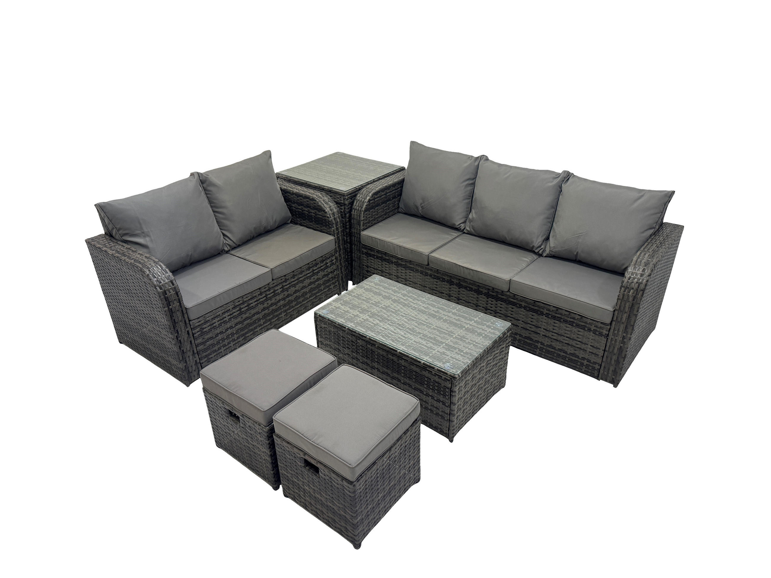 GARTENMÖBELSET mit Couchtisch Polyrattan 7-Sitzer - Dunkelgrau/Grau, Glas/Kunststoff - Fimous
