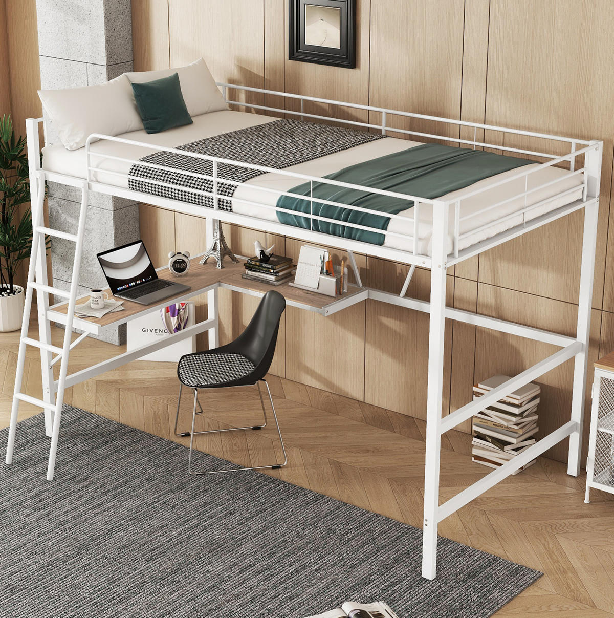 HOCHBETT 90/200 cm Weiß aus Metall mit Schreibtisch und Regal - Weiß, Metall (90/200cm) - OKMYHOME
